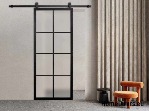Drzwi przesuwne 90 Loft 8S FROST szklane stal czarne szyba mleczna od ręki