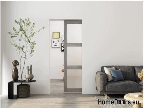 Drzwi Spa przesuwne szare drewno chowane w ścianę kieszeniowe szyba 90 kpl